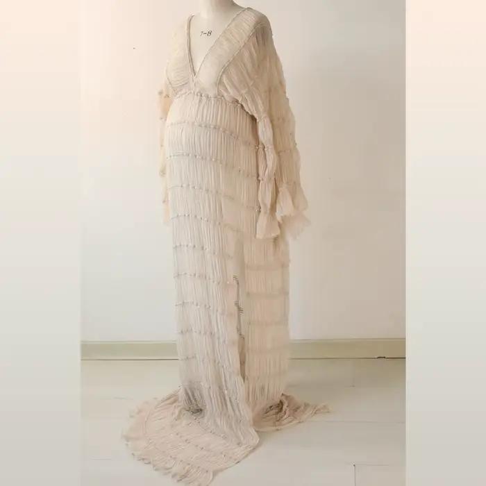 Robe de grossesse bohème pour séance Photo, à volants, manches longues, plissée, pour séance Photo, 