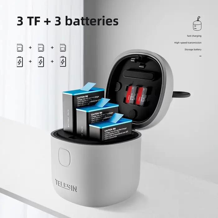TELESIN – batterie 1750mAh pour GoPro Hero 9 10 11 12, 3 emplacements, boîtier de chargement étanche