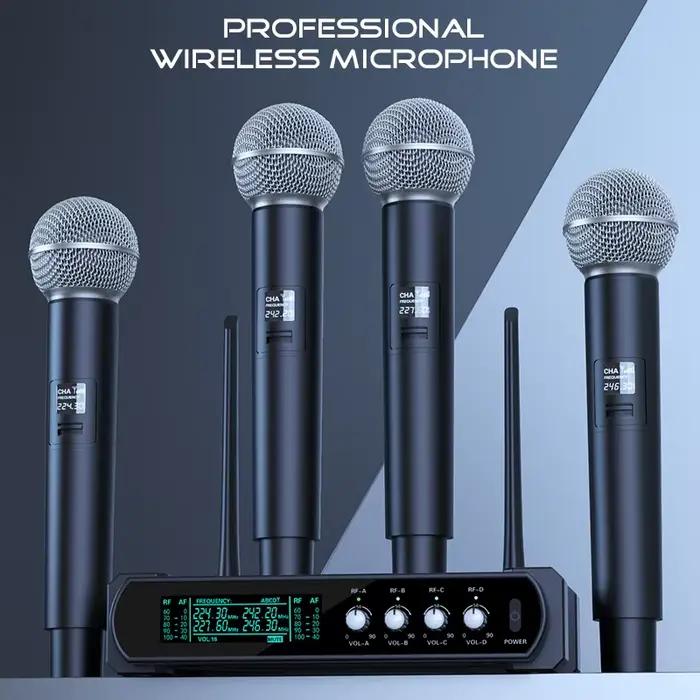 Microphone sans fil portatif UHF à 4 canaux, pour karaoké, fête de mariage, spectacle d'église