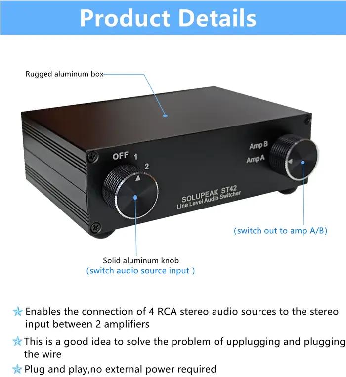 Sélecteur de commutateur Audio RCA 4 voies Premium, Source stéréo, boîtier de commutation d'entrée d