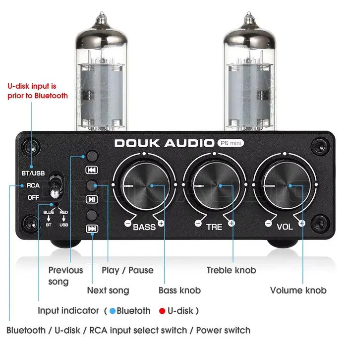 Douk Audio-Préampli à Tube à Valve HiFi Bluetooth 5.0, Récepteur Stéréo, Lecteur USB, Préamplificate