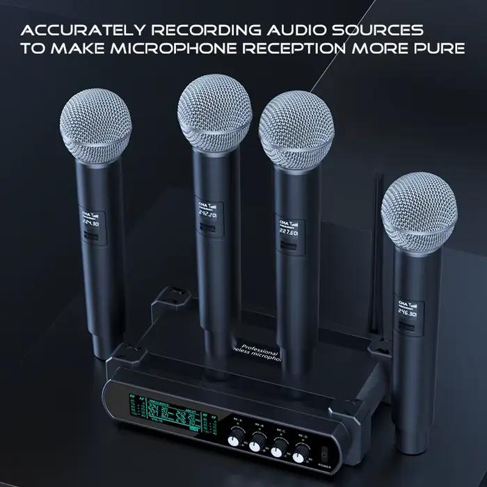 Microphone sans fil portatif UHF à 4 canaux, pour karaoké, fête de mariage, spectacle d'église