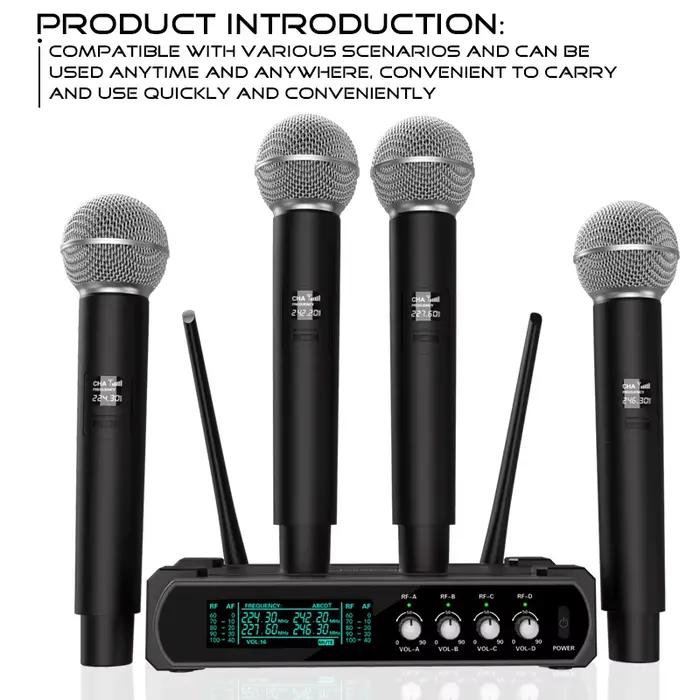 Microphone sans fil portatif UHF à 4 canaux, pour karaoké, fête de mariage, spectacle d'église