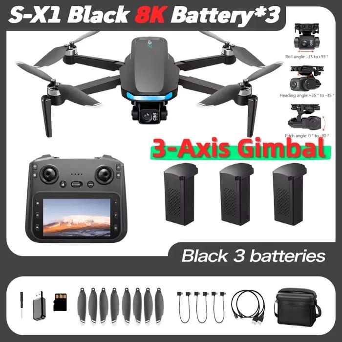 Drone GPS S-X1 MAX avec cardan 3 axes, caméra HD 5000m FPV 8K/4K avec écran LCD RC, 3 Batteries, qua