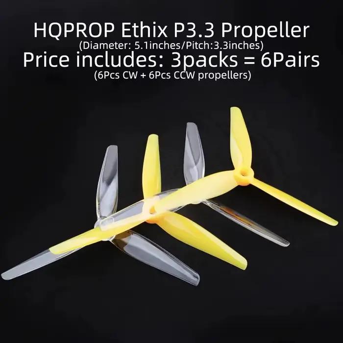 6 paires d'hélices HQProp Ethix P3.3 5.1X3.3X3, hélices de 5.1 pouces, 5133, 3 pales, Freestyle pour