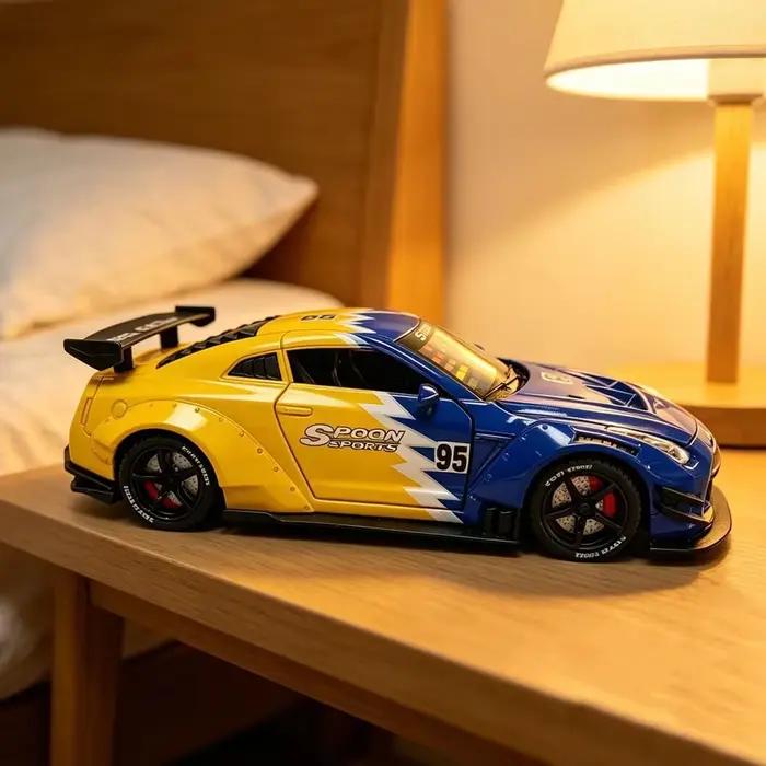 Voiture de sport en métal simulé avec horloge à affichage LED, son de moteur réglable et pulvérisateur de brume – Ornement de bureau créatif