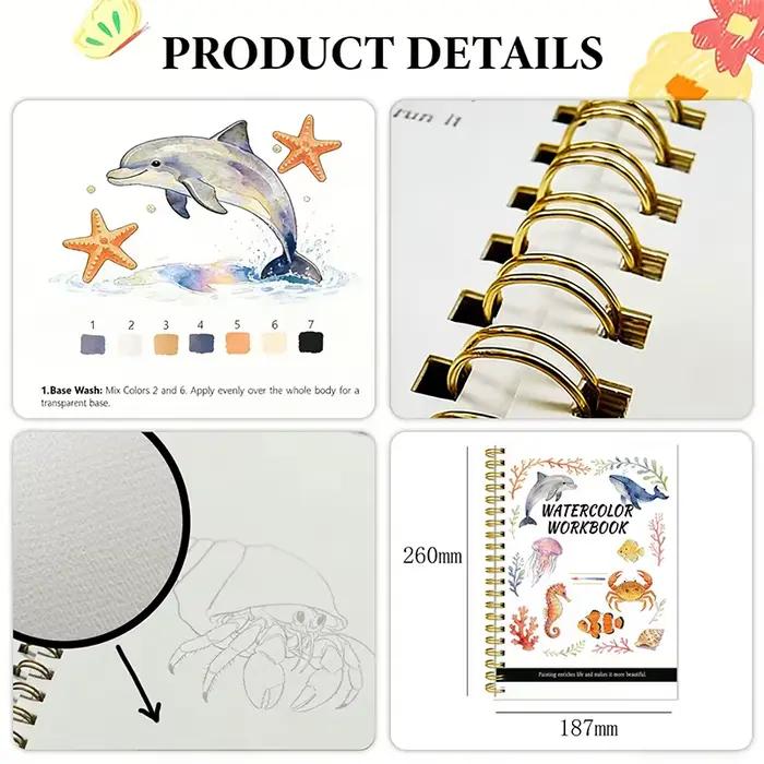 Carnet de peinture aquarelle pour débutants et passionnés – Guide d'artiste – Cahier à spirale – Papier épais – Couverture animaux marins – Aquarelle