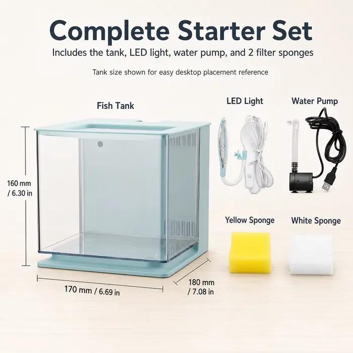 Kit de démarrage d'aquarium de bureau KSY Aquatics avec lumière LED et pompe à eau, mini aquarium compact pour betta, crevettes, petits poissons