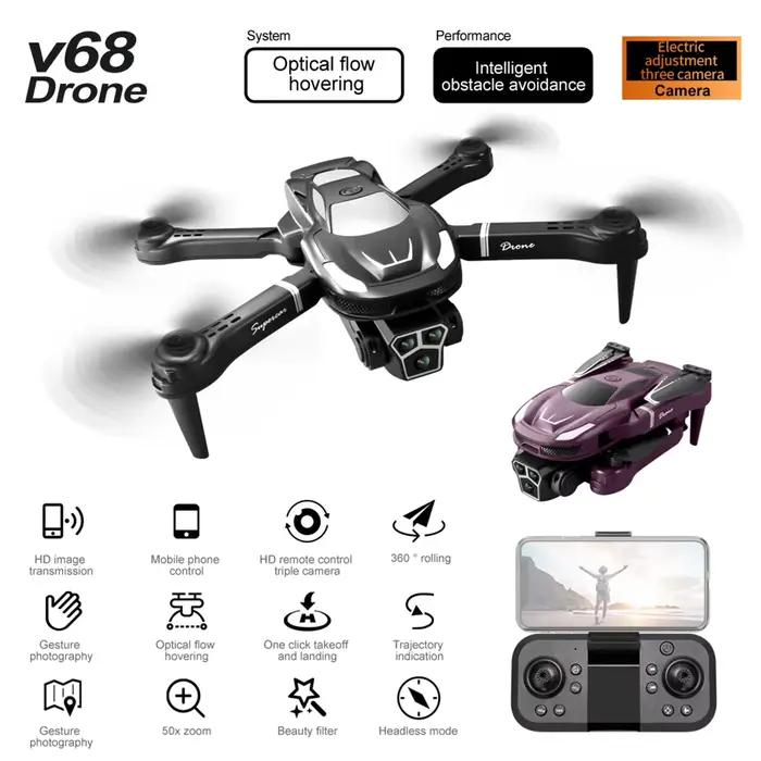 Drone professionnel V68 à trois caméras 8K Drone d'évitement d'obstacles d'aviation haute définition quadrirotor RTF pour la photographie aérienne intérieure et extérieure, exploration et divertissement familial