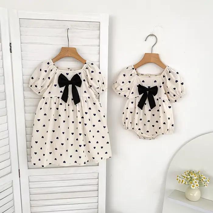 Nouvelle Robe Printemps 2026 pour Filles 2-6 Ans, Robe de Soirée en Coton pour Enfants, Robe Cœur, Barboteuse Imprimée à Manches Courtes pour Bébé Fille 0-24 Mois
