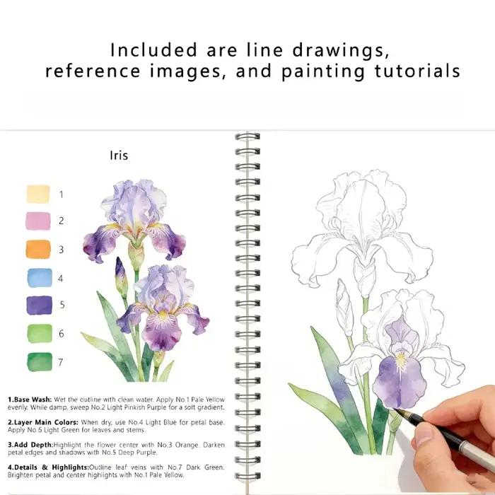 Cahier d'exercices d'aquarelle pour débutants de qualité supérieure - 14 croquis + 2 guides de mélange de couleurs, papier aquarelle en pâte de bois 200 g/m² pour livre de coloriage