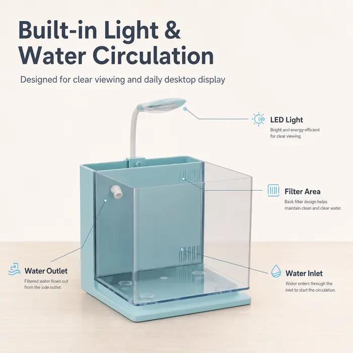Kit de démarrage d'aquarium de bureau KSY Aquatics avec lumière LED et pompe à eau, mini aquarium compact pour betta, crevettes, petits poissons