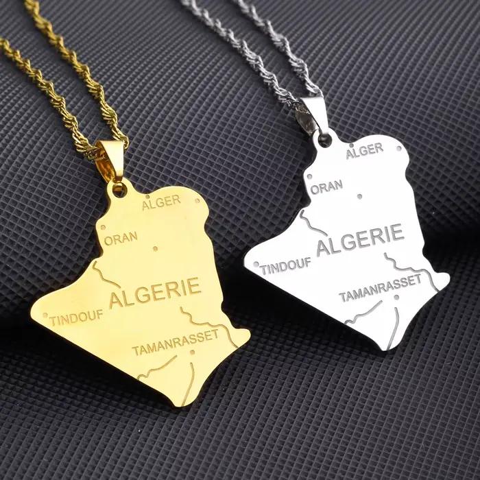 Mode Algérie Carte Ville Pendentif Collier En Acier Inoxydable Africain Hommes Femmes Maps Bijoux Cadeau