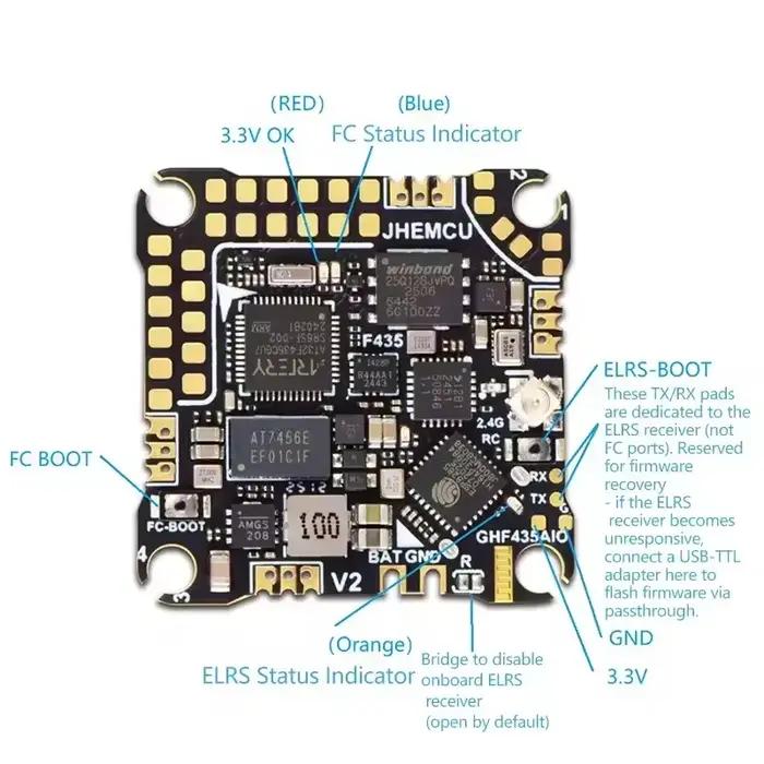 JHEMCU GHF435AIO V2 20A contrôleur de vol 2-4S avec OSD Baro Blackbox récepteur ELRS 2.4G intégré pour Drone RC FPV Freestyle
