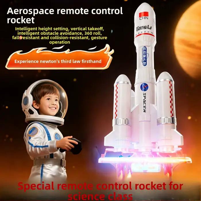 Mini drone RC fusée spatiale télécommandée 28 cm avec LED et effets de feu 360° ° Avion quadricoptère jouet pour enfants