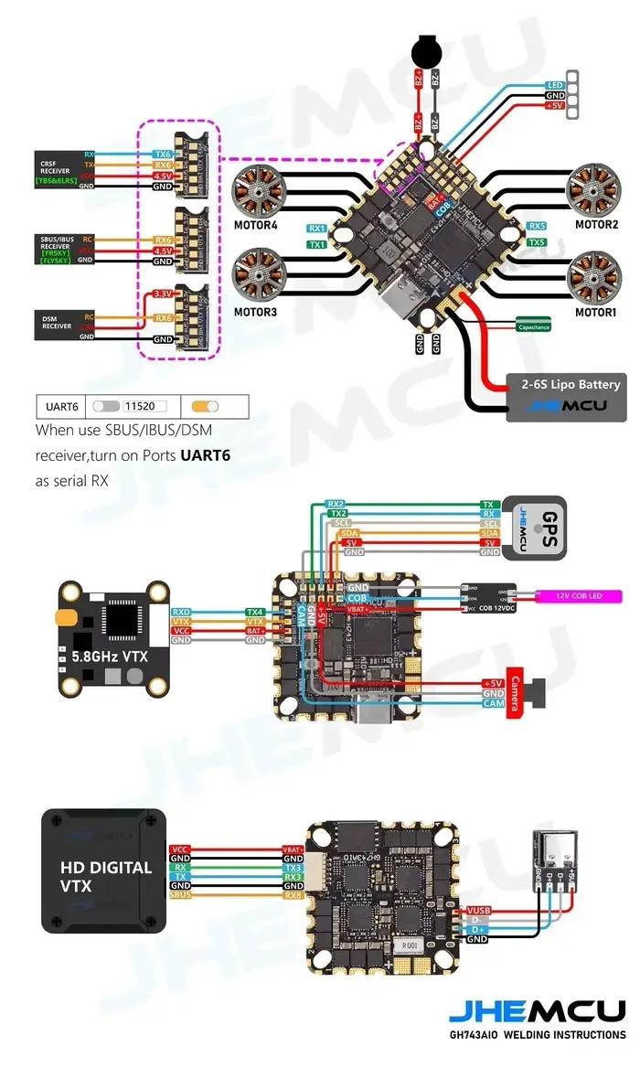 Contrôleur de vol JHEMCU GH743AIO-HD F743 avec gyroscope ICM-42688 et ESC 4-en-1 AM32 40A/50A
