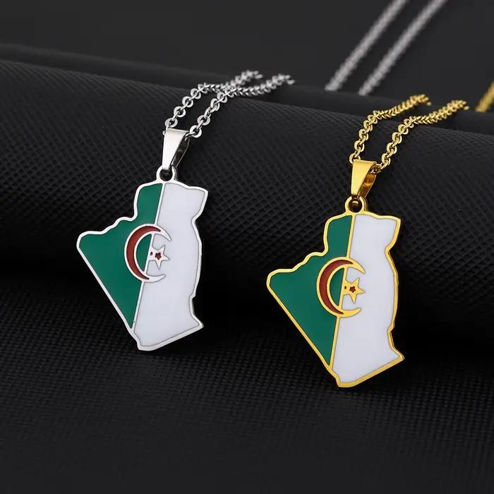 Afrique Algérie Carte Drapeau Pendentif Collier En Acier Inoxydable Or Acier Couleur Algérie Hommes Femmes Pays Carte Bijoux Cadeau Patriotique