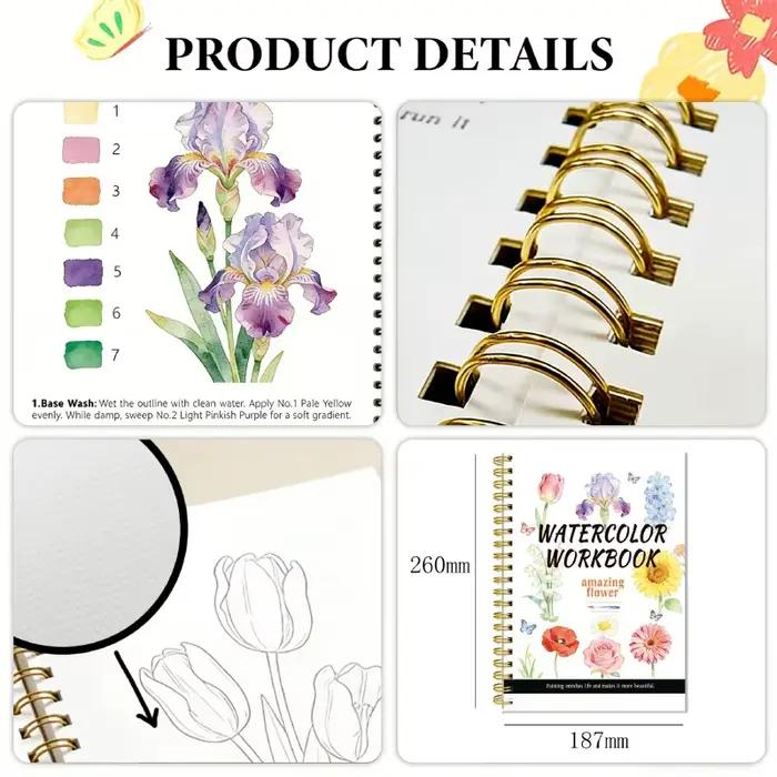 Cahier d'exercices d'aquarelle pour débutants de qualité supérieure - 14 croquis + 2 guides de mélange de couleurs, papier aquarelle en pâte de bois 200 g/m² pour livre de coloriage