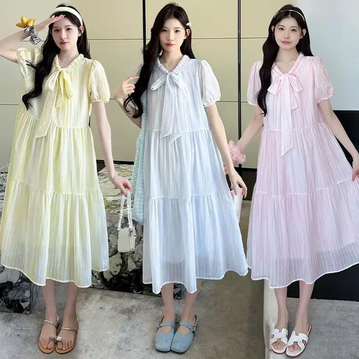 Robe de grossesse longue et ample en mousseline de soie, couleur unie, manches bouffantes, col rond, collection été 2026