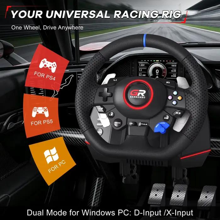 Volant de jeu de course pour PS5/PS4/PC/Switch, volants de simulation 270° ° &900 °   Cuir avec RGB, double vibration, effets Hall, macro, linéaire, 3 pédales