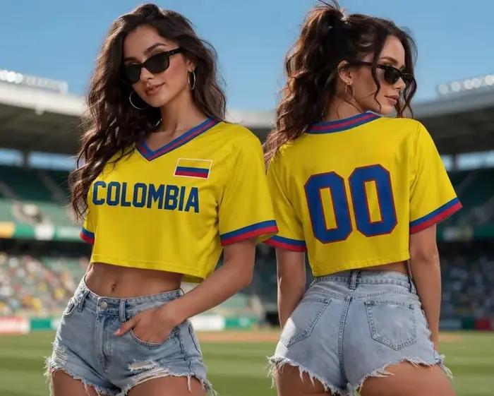 T-shirt de cheerleading imprimé football Colombie 2026 pour femme – Style danse mode estivale, haut court respirant et à séchage rapide pour le sport