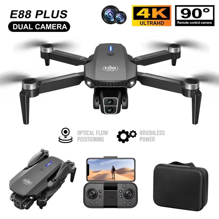 Nouveau drone quadrirotor E88 Plus avec caméra ajustable 90°, contrôle par flux optique, prêt à l'emploi pour expéditions aériennes et captation de vues panoramiques intérieures et extérieures