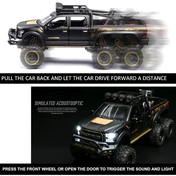 Modèles de voitures tout-terrain Raptor F150 1:28, jouets en alliage moulé sous pression avec son et lumière, véhicules en métal à tirer en arrière, jouets pour garçons, collection de cadeaux
