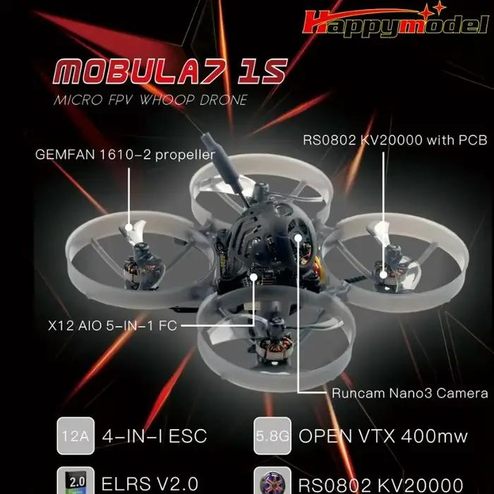 Drone FPV Happymodel Mobula7 1S 75 mm avec contrôleur de vol AIO 5-en-1