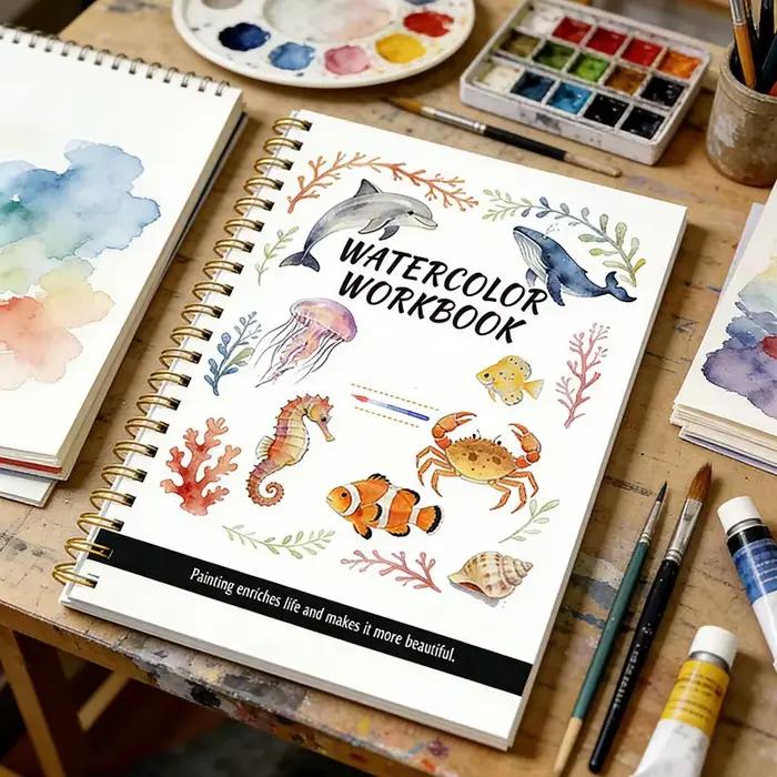 Carnet de peinture aquarelle pour débutants et passionnés – Guide d'artiste – Cahier à spirale – Papier épais – Couverture animaux marins – Aquarelle