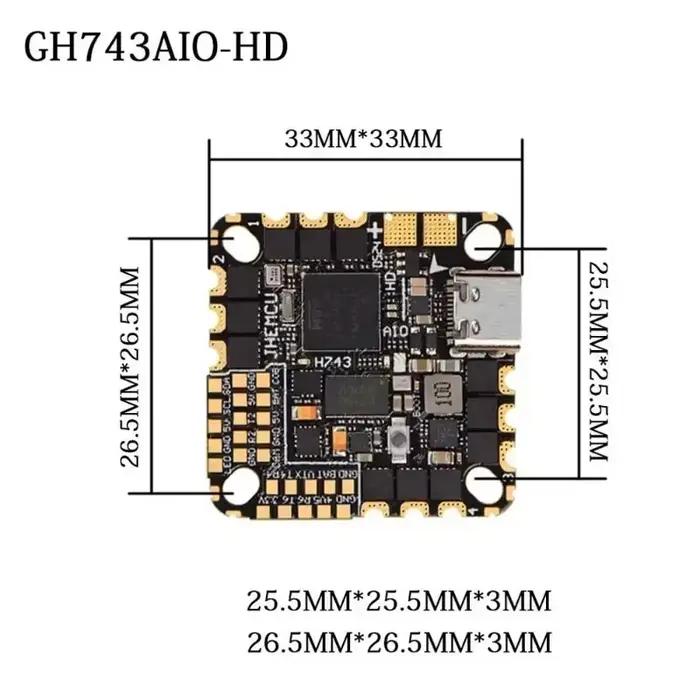 Contrôleur de vol JHEMCU GH743AIO-HD F743 avec gyroscope ICM-42688 et ESC 4-en-1 AM32 40A/50A
