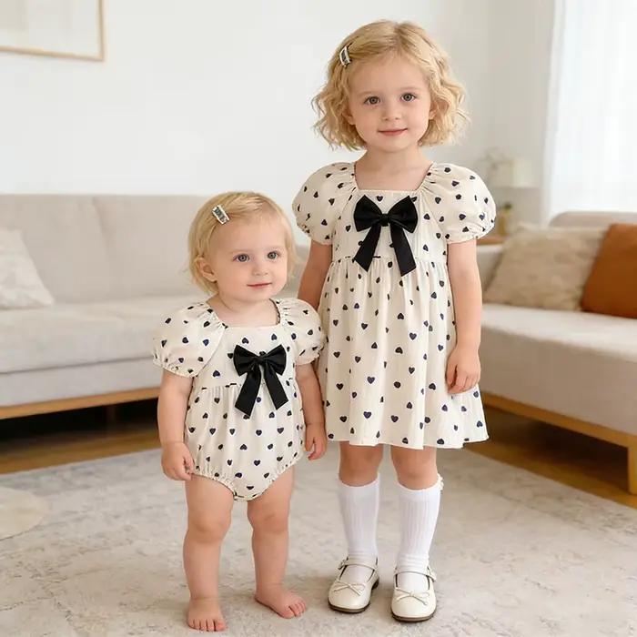 Nouvelle Robe Printemps 2026 pour Filles 2-6 Ans, Robe de Soirée en Coton pour Enfants, Robe Cœur, Barboteuse Imprimée à Manches Courtes pour Bébé Fille 0-24 Mois