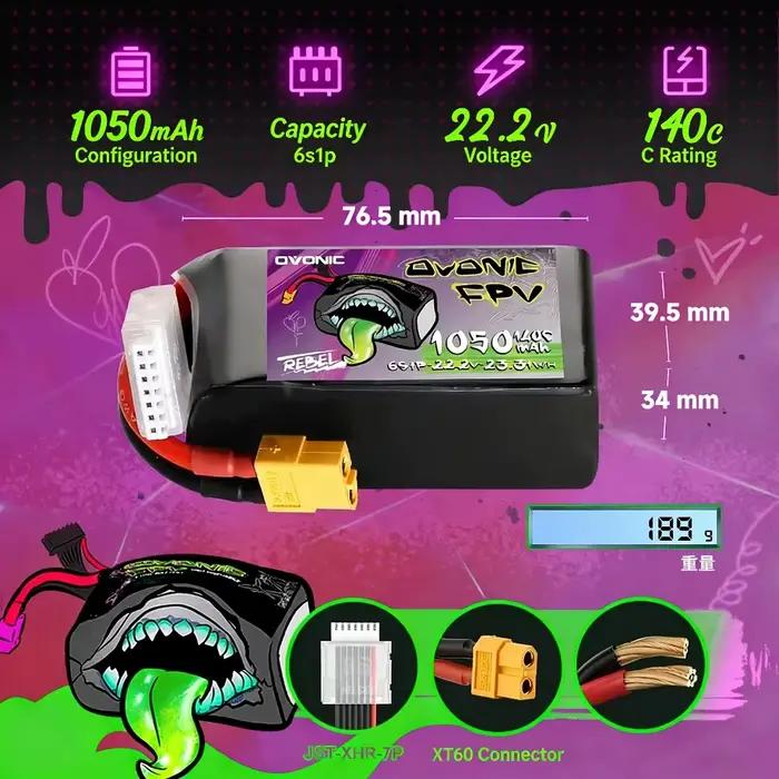 Batterie Ovonic Rebel 140C 4S 6S LiPo pour Drone FPV Whoop Capacité 1050 1300 1550 2200mAh Autonomie Durée Vol Robuste Métal