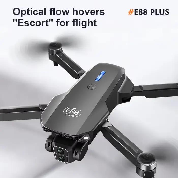 Nouveau drone quadrirotor E88 Plus avec caméra ajustable 90°, contrôle par flux optique, prêt à l'emploi pour expéditions aériennes et captation de vues panoramiques intérieures et extérieures