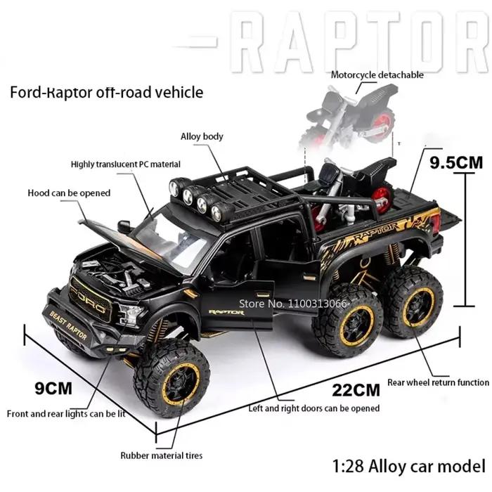 Raptor – modèles de voitures tout-terrain F150, jouets en alliage moulé sous pression avec son et lumière, véhicule en métal, jouets pour garçon, Collection de cadeaux, 1/28
