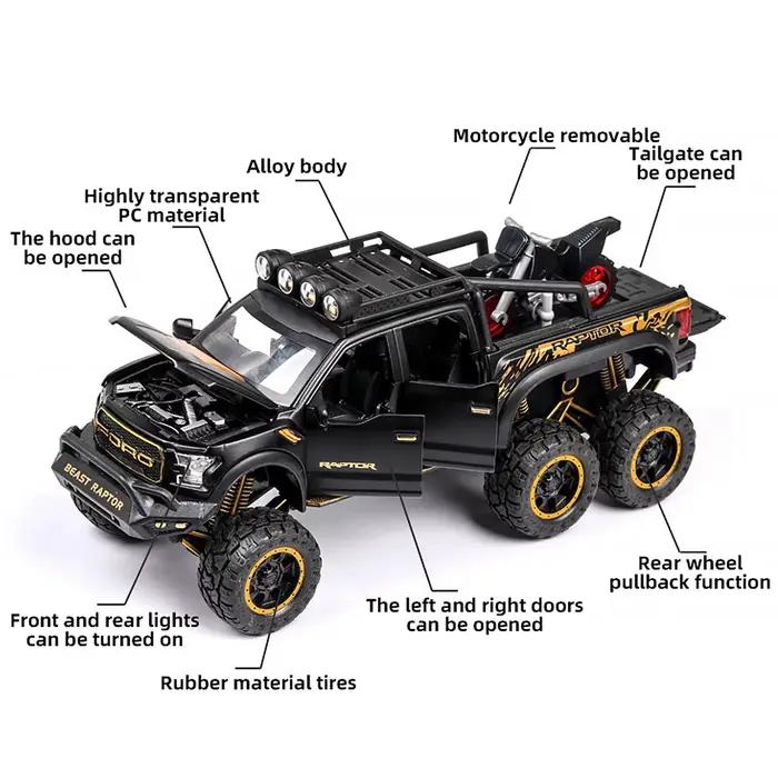 Modèles de voitures tout-terrain Raptor F150 1:28, jouets en alliage moulé sous pression avec son et lumière, véhicules en métal à tirer en arrière, jouets pour garçons, collection de cadeaux