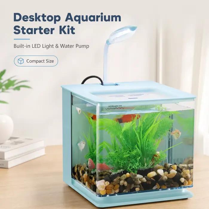 Kit de démarrage d'aquarium de bureau KSY Aquatics avec lumière LED et pompe à eau, mini aquarium compact pour betta, crevettes, petits poissons