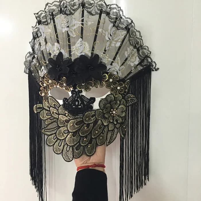 Masque complet noir mystérieux de Venise, masque de voile de fan de spectacle sur scène