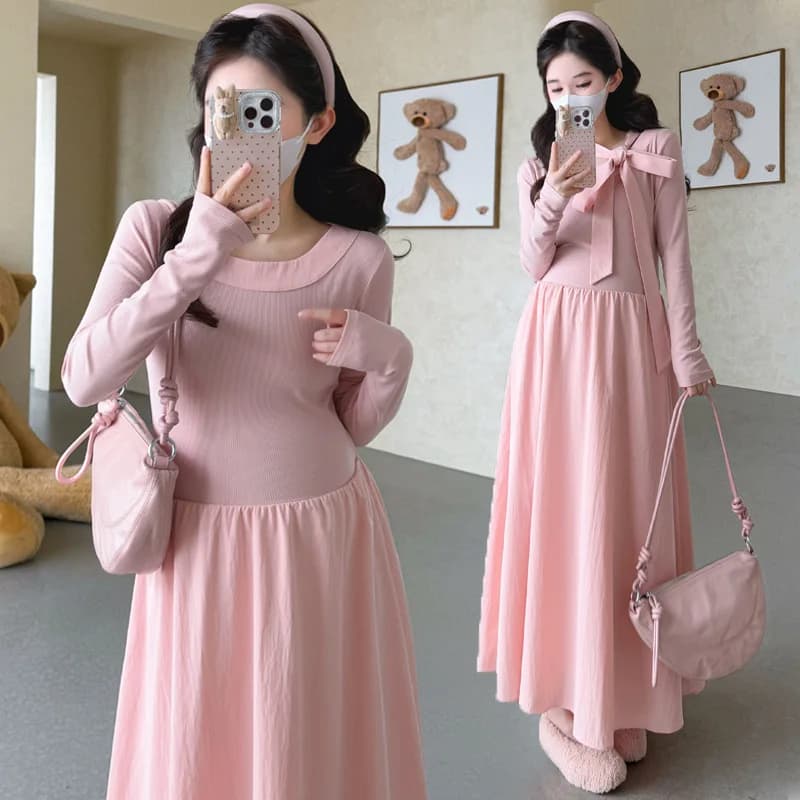 Robe de Maternité Printemps Automne 2026 Style Français Doux Mignon Élégant Nœud Col Rond Manches Lo