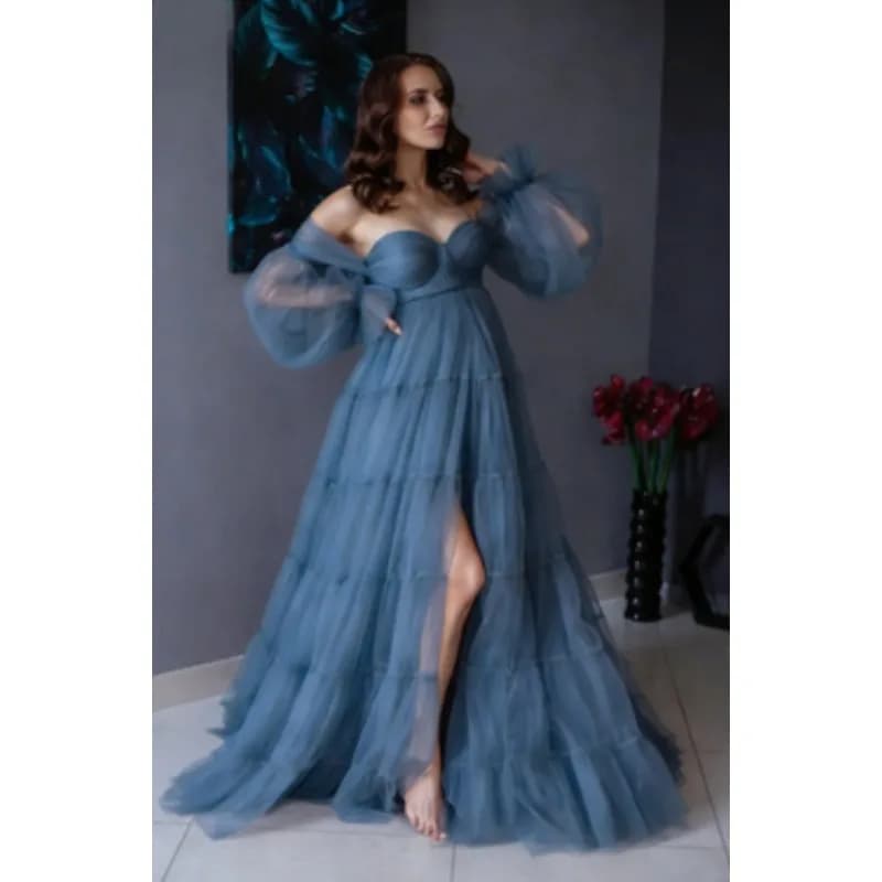 Robe de grossesse pour séance photo - Robe longue en tulle bouffant avec corsage corset et manches b