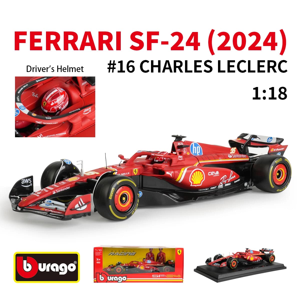 Bburago-Modèle de voiture de course F1 Ferrari SF24, alliage moulé sous pression, 1:18, 2024 #16 #55
