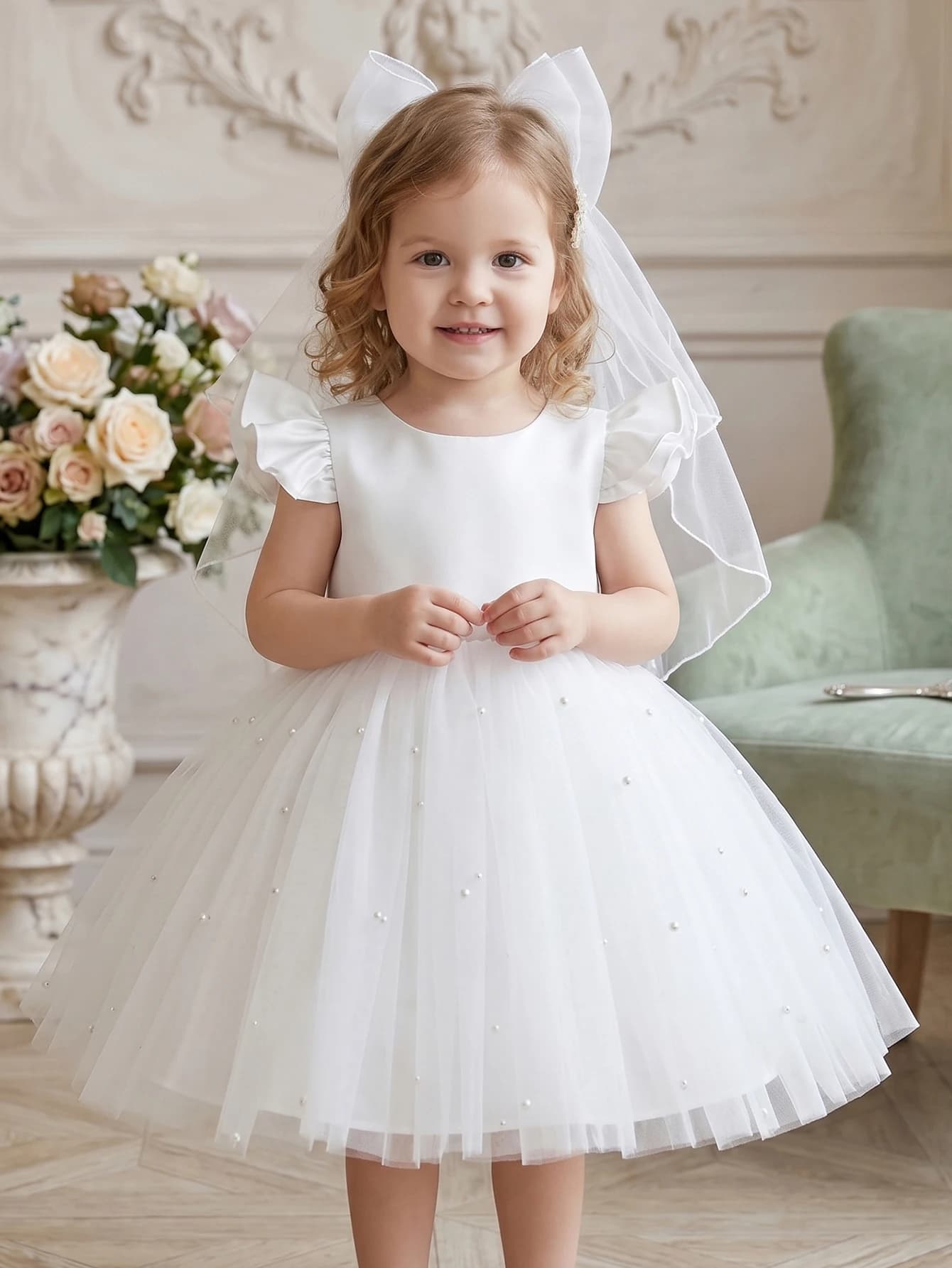 Robe blanche pour demoiselle d'honneur, robe de fête en tulle à volants avec nœud papillon, cadeau p