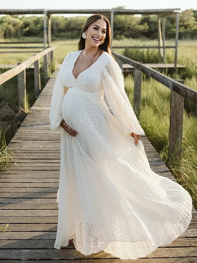 Robe de séance photo de maternité blanche style Boho, à manches longues, robe de grossesse élégante,