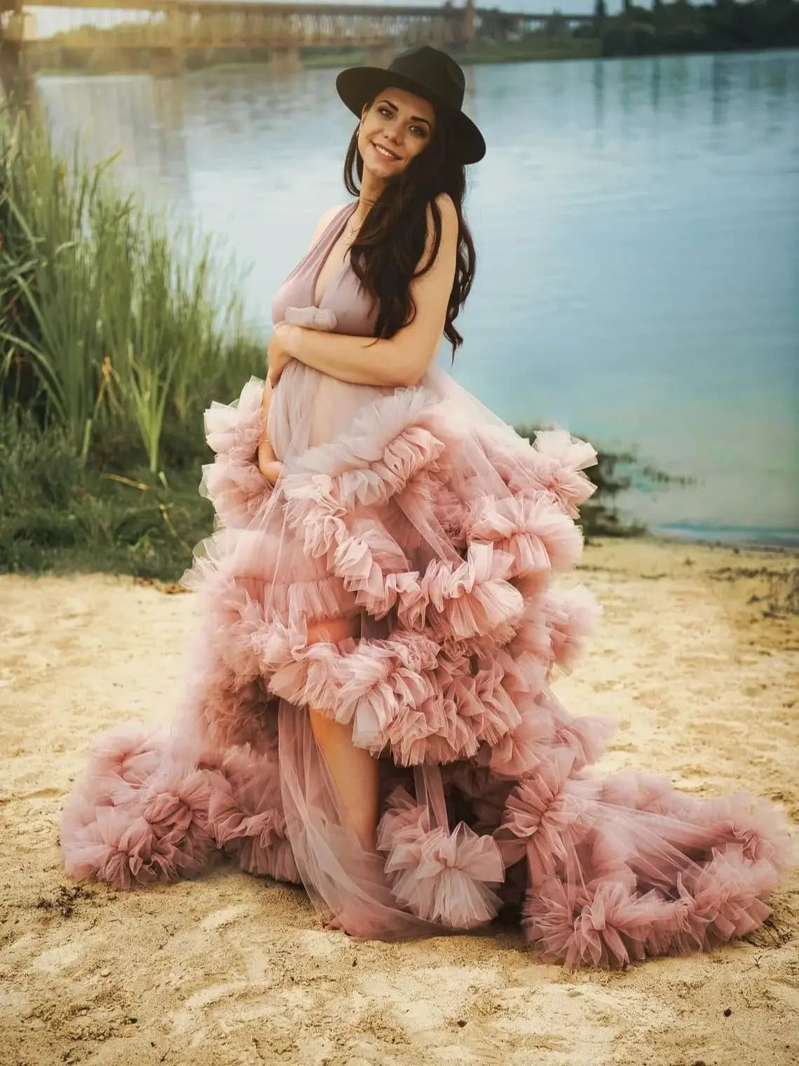 Robe de séance photo de grossesse rose poussiéreux, faite à la main, taille élastique, robe de mater