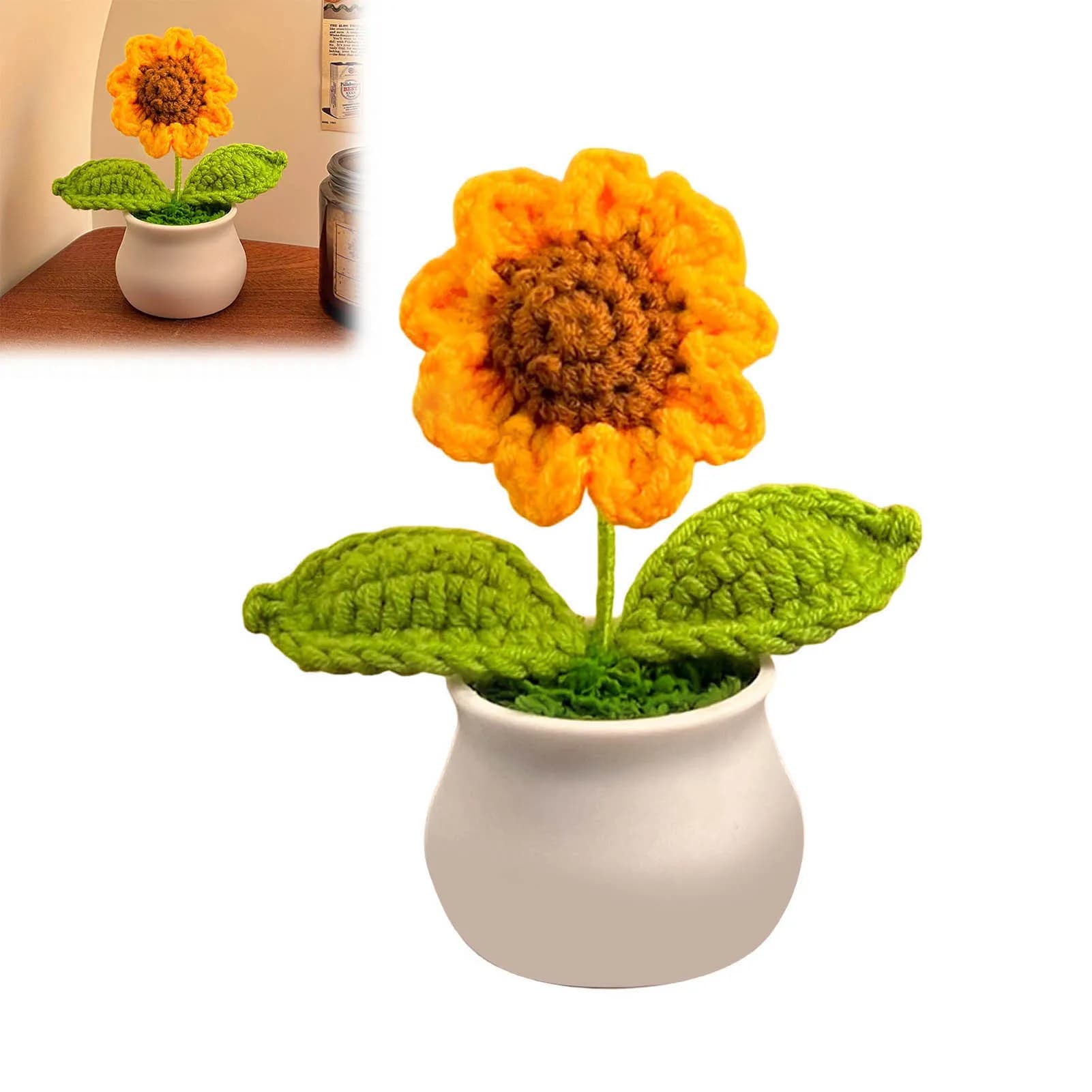 Bouquet de tournesol au Crochet fait à la main, décoration intérieure de voiture, fleur en pot trico