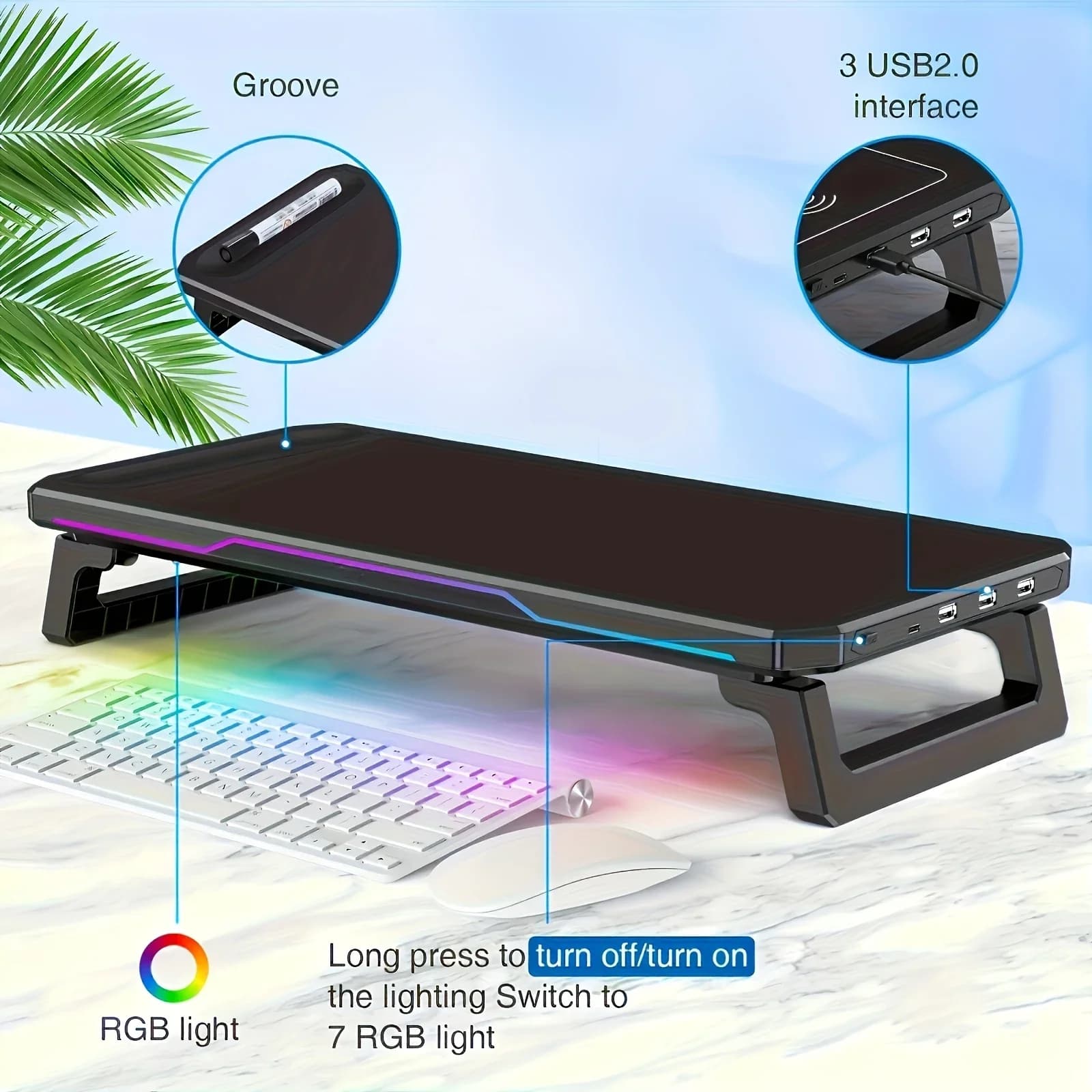 Support de hauteur pour moniteur de bureau, Rechargeable, effet de lumière RGB, 3 ports USB 2.0, sup
