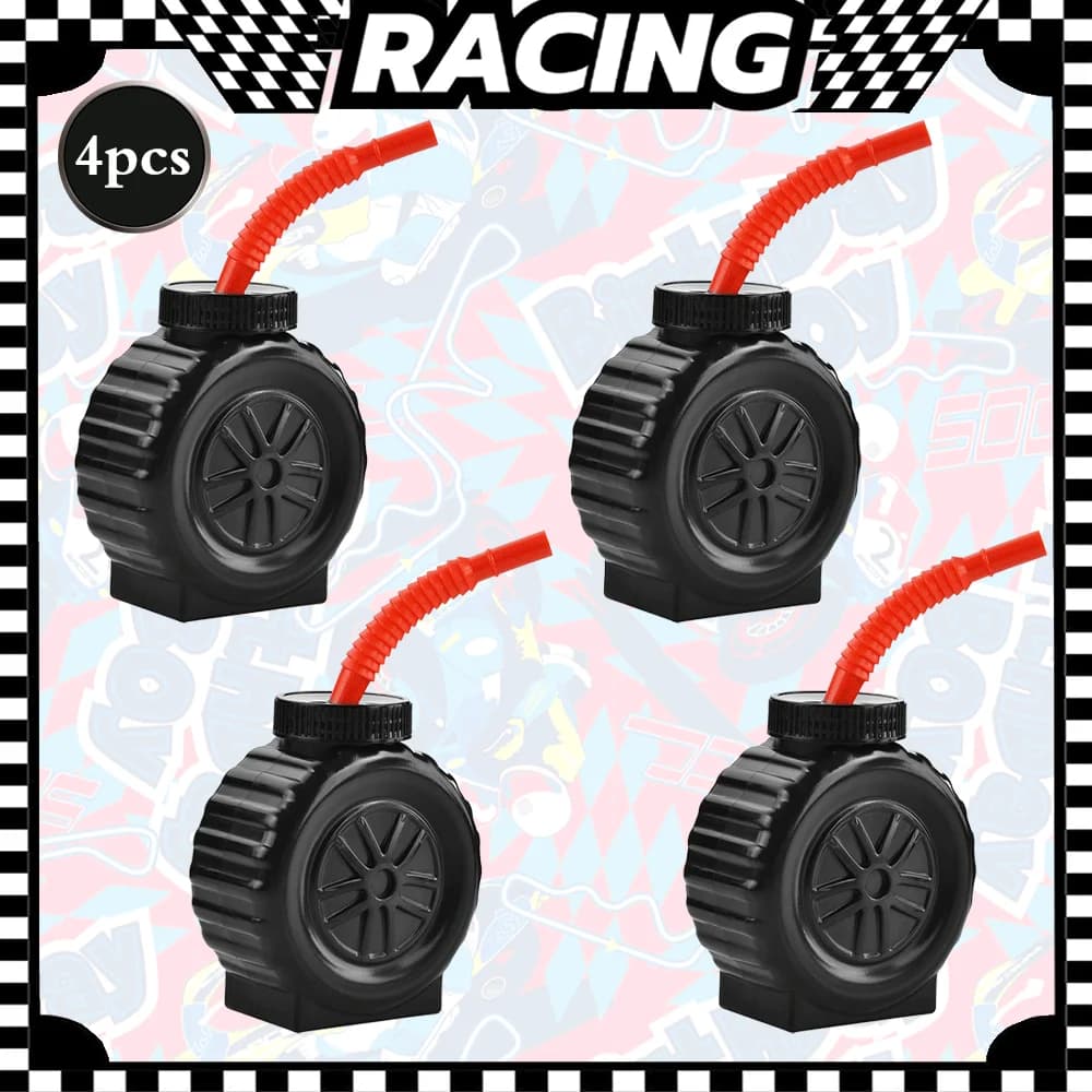 4-10 pièces Gobelets en forme de pneu de voiture de course avec paille pour enfants, pour fêtes d'an