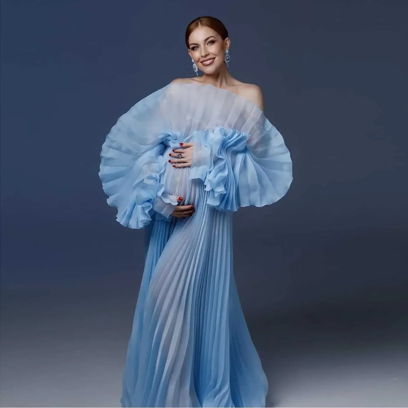 Voir à travers bleu plissé maternité Photoshoot robes grossesse femmes pure robe de maternité plis I