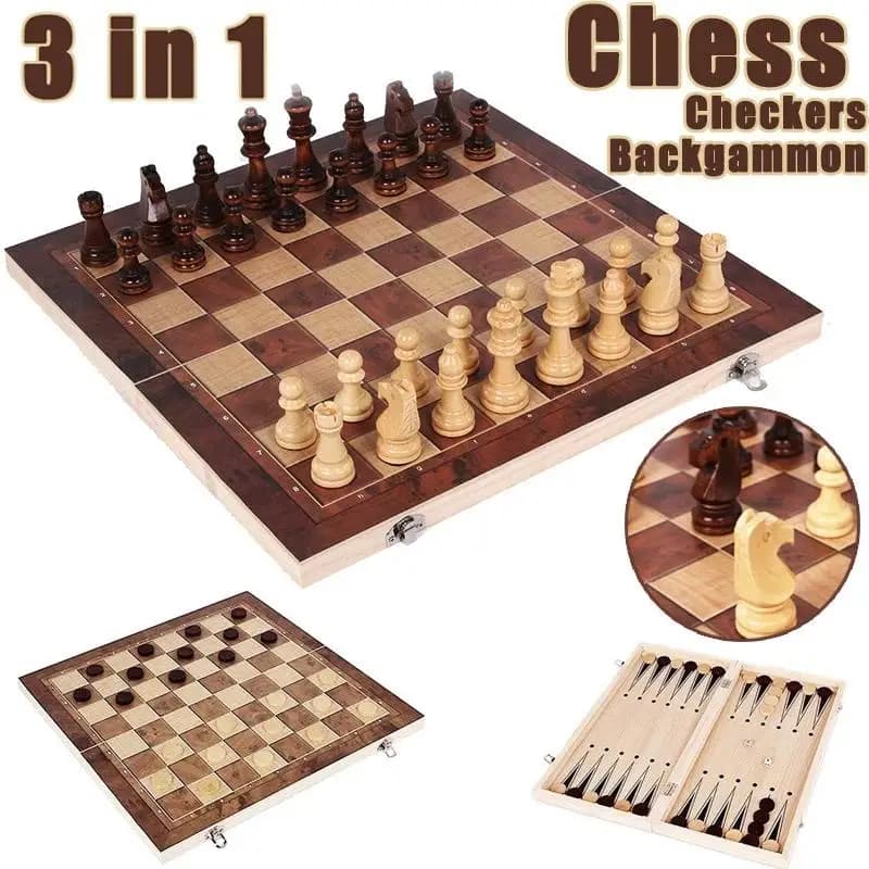 Échiquier 3 en 1, plateau de jeu d'échecs portable en bois pliant, échiquier en bois pour adultes (échecs + dames et backgammon)
