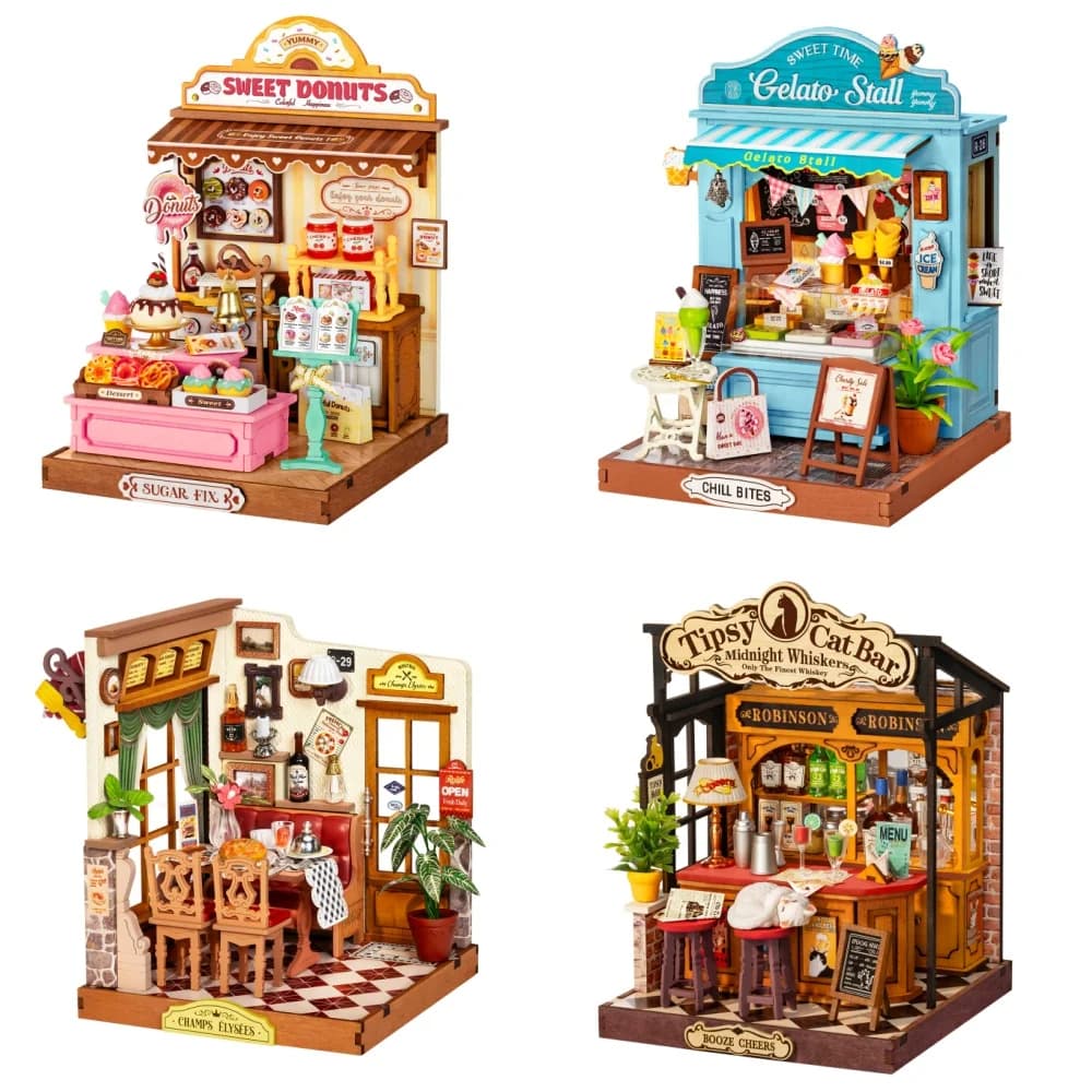 Kit de maison miniature DIY Rolife Sweetie's Donut Shop, 141 pièces, modèle de maison de poupées, puzzle 3D, kit de construction de mini-maison pour adultes