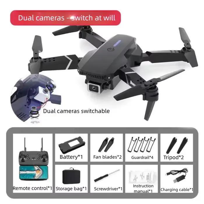Mini Drone E88 avec double caméra, matériau ABS, batterie au lithium rechargeable par USB, corps pli